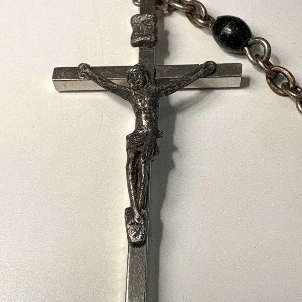 Vintage Catholic Rosary Black Beads Silver Tone Crucifix Sacred Heart